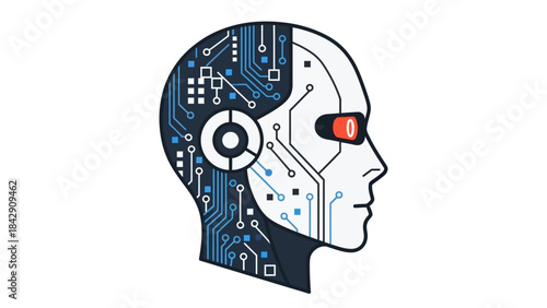 Artificial Intelligence Robot Head with Circuitry and Red Eye