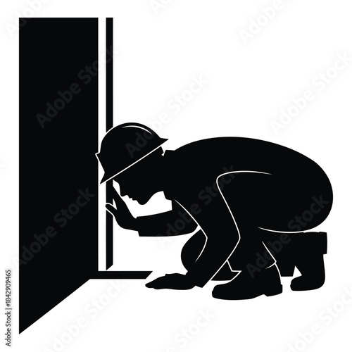 Worker peeking through doorway silhouette illustration isolated on white background, Vector