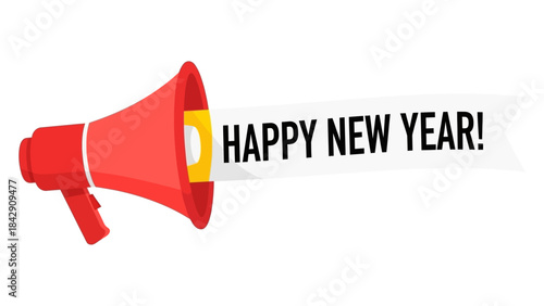 Happy New Year Announcement with Red Megaphone and Banner Illustration