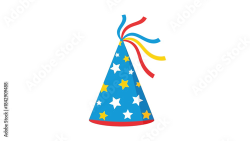 Vibrant blue party hat adorned with playful white and yellow stars and flowing colorful ribbons, embodying the spirit of celebration, birthdays, and festive occasions with joyful energy and fun design