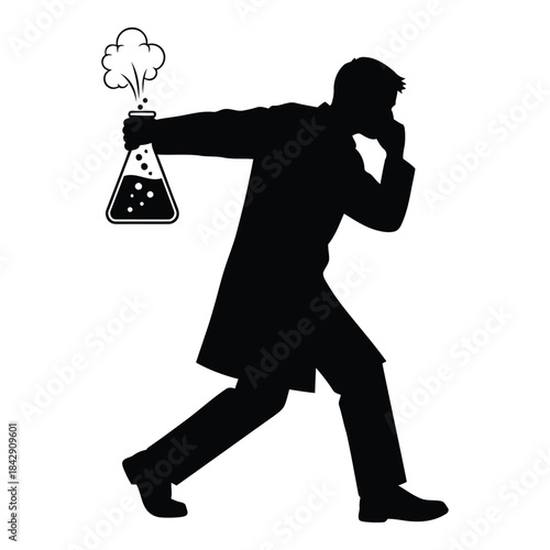 Scientist running with toxic chemical in flask isolated on white background, Vector