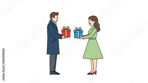 Man and woman exchanging gifts, representing generosity, surprise, and thoughtful moments during special occasions or holidays
