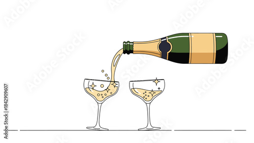 Elegant illustration of a champagne bottle gracefully pouring effervescent sparkling wine into two classic coupe glasses, symbolizing celebration and festivity