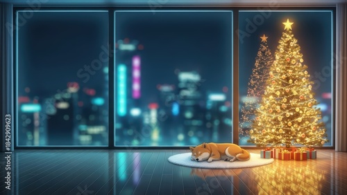 Cozy dog sleeping near Christmas tree with city view  