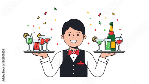 A cheerful waiter presents a tray of colorful cocktails and champagne glasses, ready for a celebration