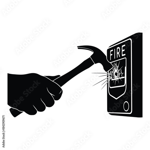 Breaking fire alarm box with hammer isolated on white background, Vector