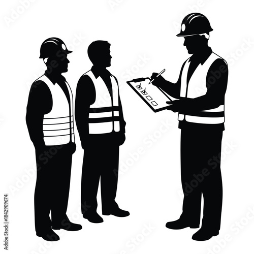 Construction workers discussing project details isolated on white background, Vector