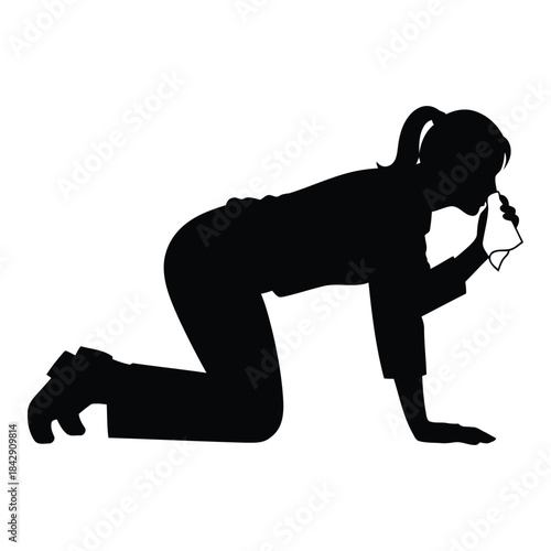 Woman kneeling and crying with handkerchief isolated on white background, Vector