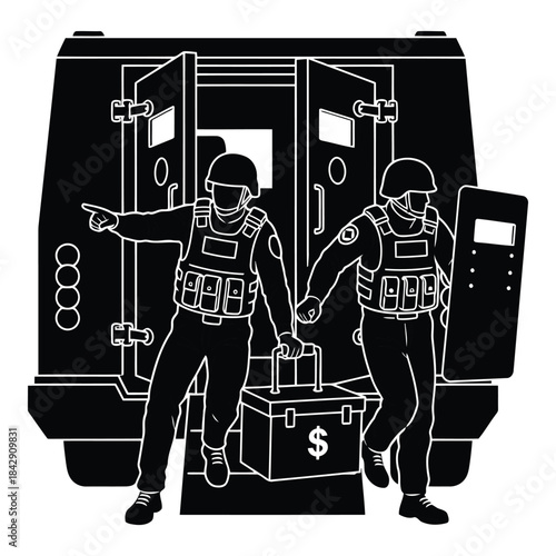 Security personnel unloading cash from armored vehicle isolated on white background, Vector