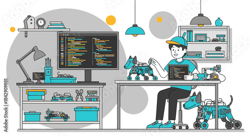 Young tech enthusiast building robot dogs in a brightly lit workspace filled with computer equipment