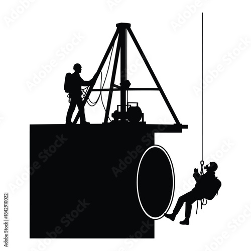 Worker being lowered down a pipe with rope and pulley system isolated on white background, Vector