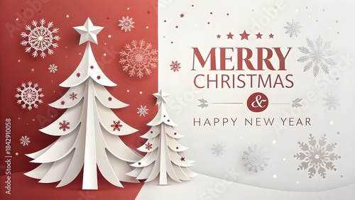 Merry Christmas Greeting card, Christmas Tree and Snowflake on Red Background.