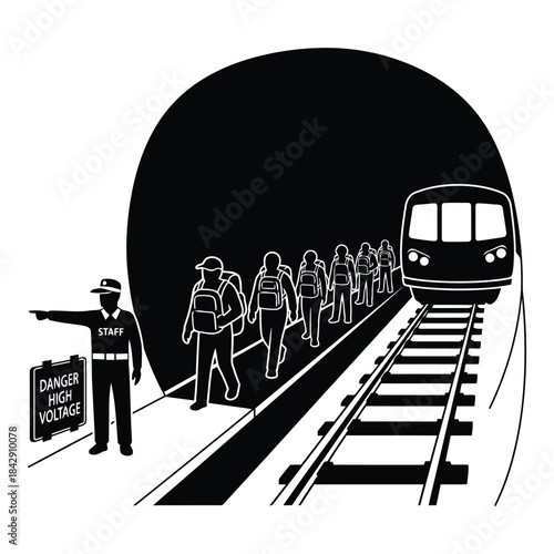 Staff directing passengers away from high voltage train tracks isolated on white background, Vector