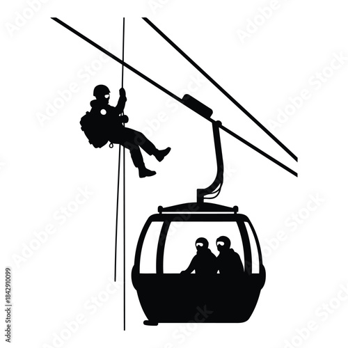 Man climbing down cable car with safety gear isolated on white background, Vector