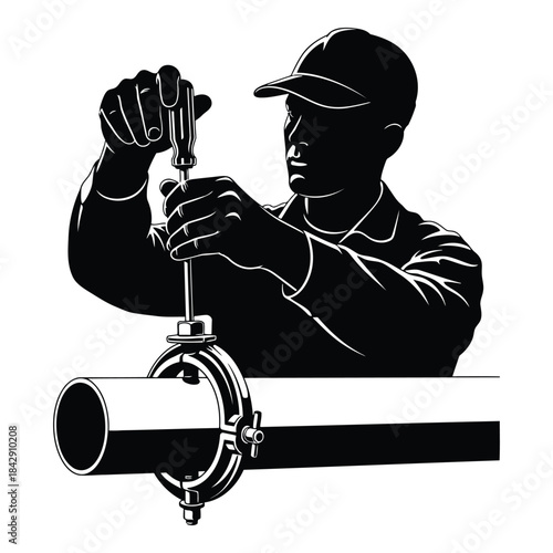 Plumber tightening pipe fitting with wrench isolated on white background, Vector