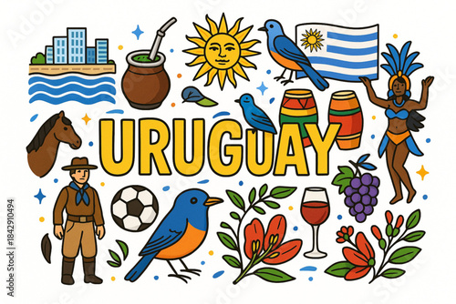 Uruguay Cultural Icons Vector Illustration with Coastline, Tradition and National Elements