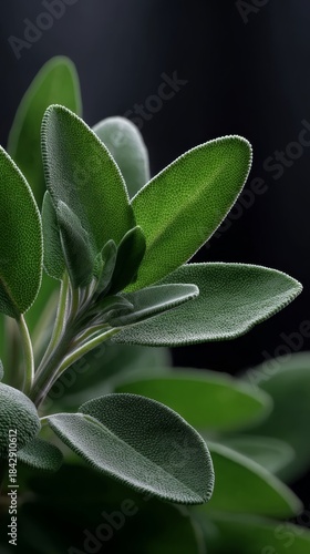 Close view of green leaves showing texture and shape under natural light in a dark setting in a home garden or indoor plant area during daytime