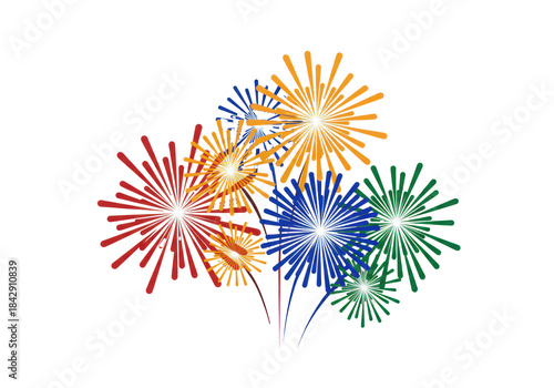 stylized geometric vector fireworks (starbursts, circles) in saturated red, yellow, blue, and green, clustered on a transparent background with maximum copy space. concept for commercial graphic asset