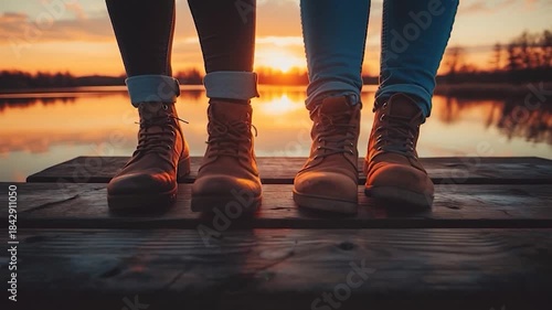 Couples Boots on Dock at Sunset - Romantic Lakeside Evening.