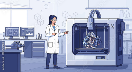 Illustration of a female scientist demonstrating the use of a 3D printer in laboratory environment