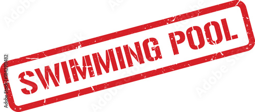 Red Grunge Swimming Pool Stamp, Isolated Rectangle with Worn Texture