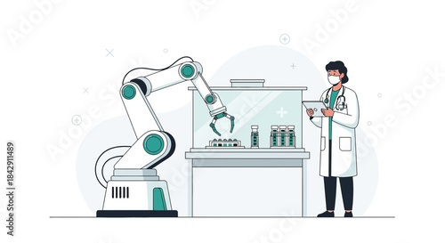 Illustration of a masked doctor overseeing a robotic arm performing lab experiments