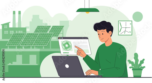 Illustration of a man working on a laptop with solar panels and factory in background