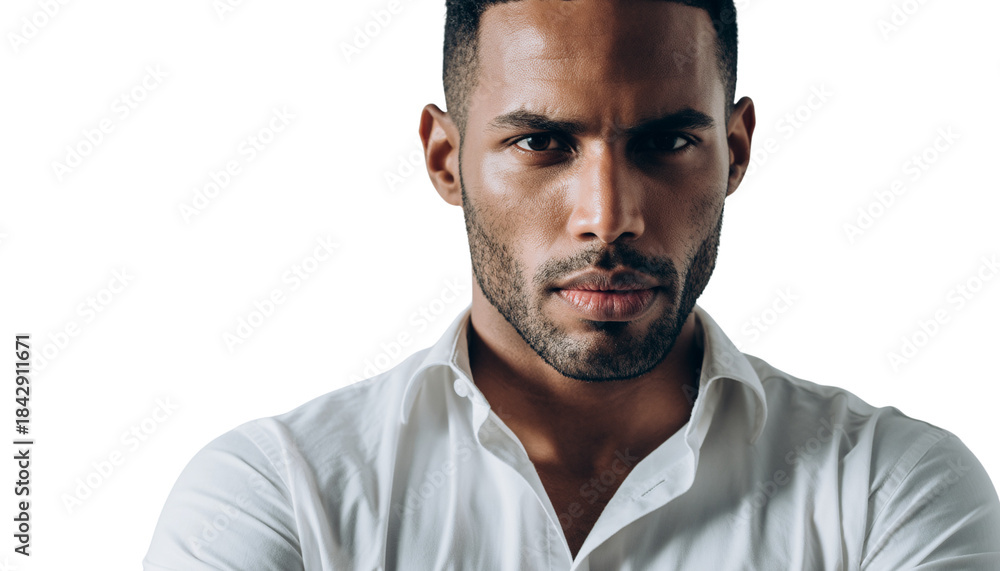 Fototapeta premium Confident and serious man in white shirt, looking intensely at camera in a studio portrait