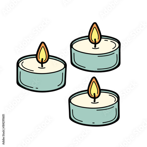 Three tealight candles with flames on white background  