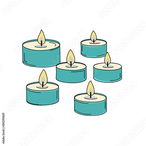 Group of tealight candles with flames on white background  