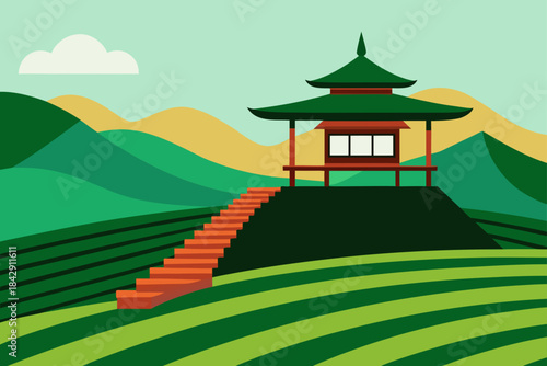 wooden tea pavilion overlooking endless tea terra