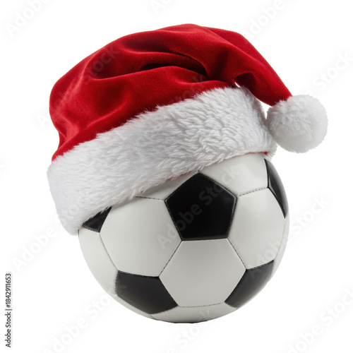 a pristine classic black and white soccer ball topped with a deep red velvet santa hat, isolated on a transparent background with high-key lighting. Concept of festive winter sports