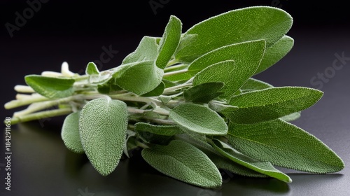 Fresh sage leaves sit on a black surface with visible texture and color in the natural light during the afternoon