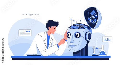 Illustration of a scientist or engineer working on an advanced humanoid robot head design for