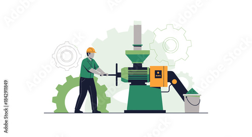 Illustration of factory worker operating a machine with gears in the background production line