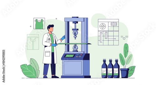 Illustration of a scientist working with a materials testing machine in a laboratory setting for