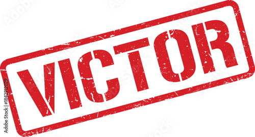 Isolated Red Distressed VICTOR Stamp with Rectangular Border on White Background, Textured Ink Look