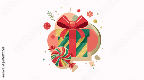 Vector illustration of Christmas candy and a giftbox on a flat design background, featuring colorful and stylized elements, with bold lines and geometric