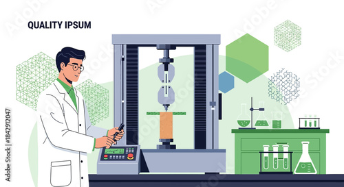 Illustration of scientist using tensile machine to analyze material with lab equipment