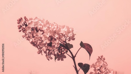 A branch of pink hydrangea flowers with leaves against a pink background.