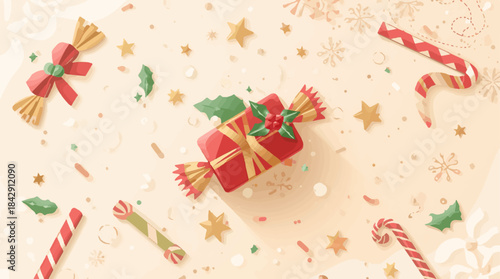 Vector illustration of Christmas candy and a giftbox on a flat design background, featuring colorful and stylized elements, with bold lines and geometric