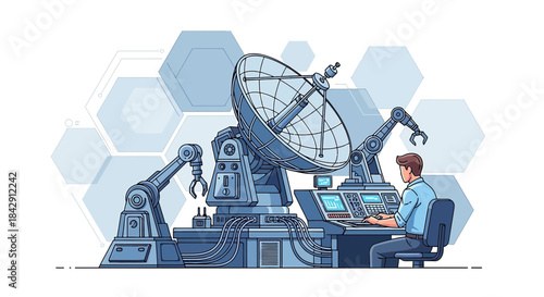 Illustration portraying advanced technology with satellite dish and robotic arms controlled by