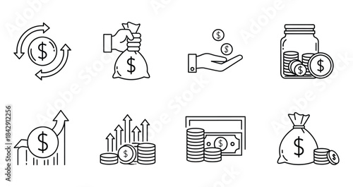 Collection of finance icons including money bags and coins in line art style