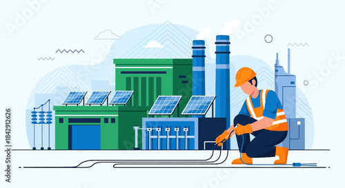 Illustrative depiction of a technician installing cabling at a solar energy plant complex