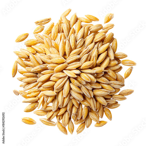A close-up view of nutritious oat grains on a white isolated background.