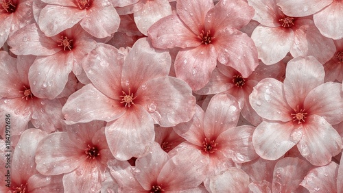 Cluster of pink flowers with delicate petals and water droplets. Floral background, nature, beauty, and fresh blossoms.