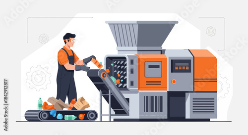 Illustrative depiction of worker sorting recyclables at advanced recycling facility machine