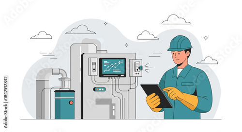 Illustrative factory automation and digital transformation depiction featuring engineer operating