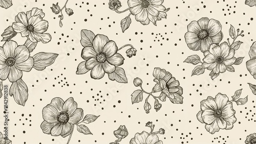 Floral pattern with detailed flowers and scattered dots in monochrome, illustrative style.