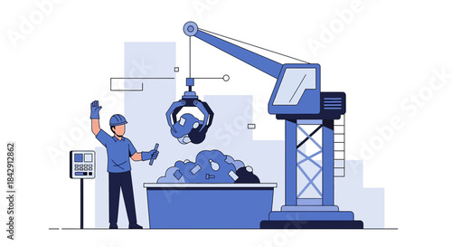 Illustrative representation of an industrial recycling process with a crane operator signaling